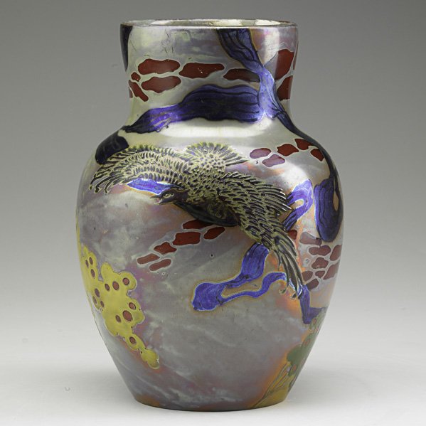 ZSOLNAY Large vase: ZOSLNAY Large vase with bird in flight, eosin glaze, Pecs, Hungary, 1899-1900; Raised five churches medallion, 5305 36 48; 10" x 6 3/4"