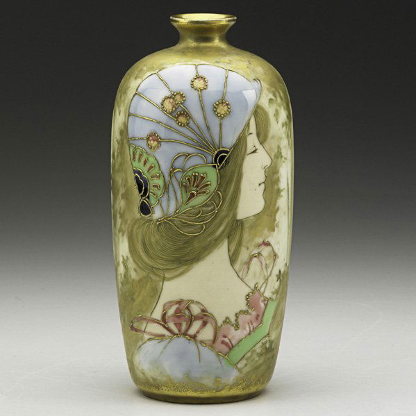 RIESSNER, STELLMACHER & KESSEL Amphora vase: RIESSNER, STELLMACHER & KESSEL Glazed and enameled Amphora porcelain vase with maiden and blossoms,Austria,1890s;Stamped TURN-TEPLITZ BOHEMIA, RSTK, MADE IN AUSTRIA; 7" x 3"
