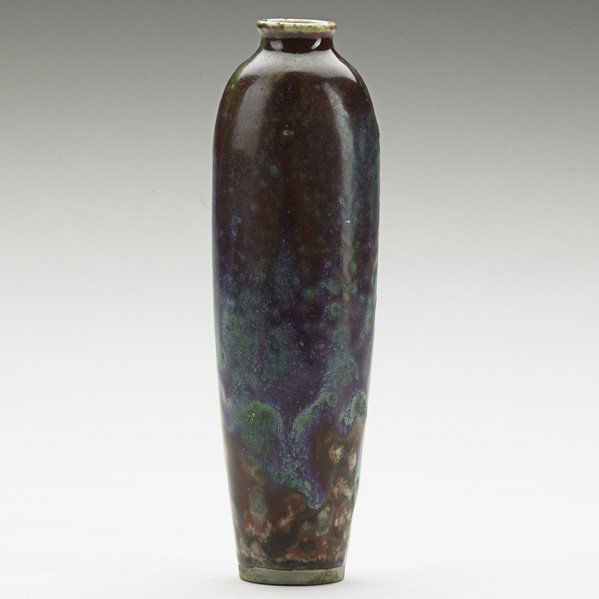 DALPAYRAT Oxblood bud vase: PIERRE-ADRIEN DALPAYRAT Elongated bud vase, mottled oxblood glaze, Bourg-La-Reine, France, ca. 1900; Signed DALPAYRAT 47; 7" x 2"