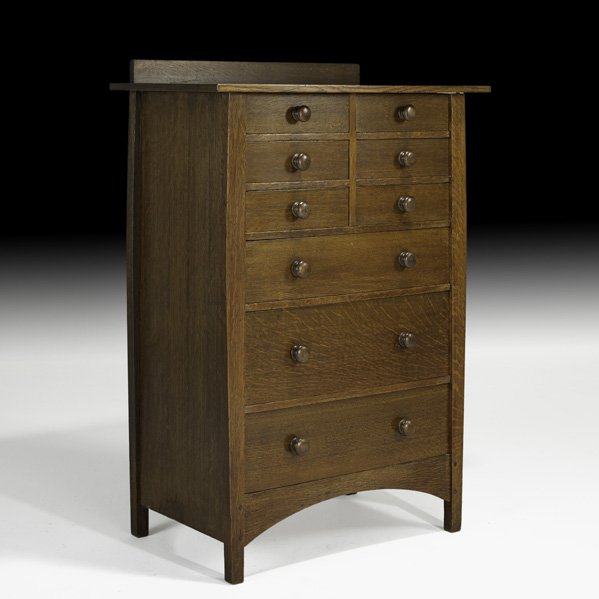 HARVEY ELLIS; GUSTAV STICKLEY 9-Drawer chest: HARVEY ELLIS GUSTAV STICKLEY Nine-drawer chest, Eastwood, NY, ca. 1907; Red decal; 50 1/2" x 36" x 20"