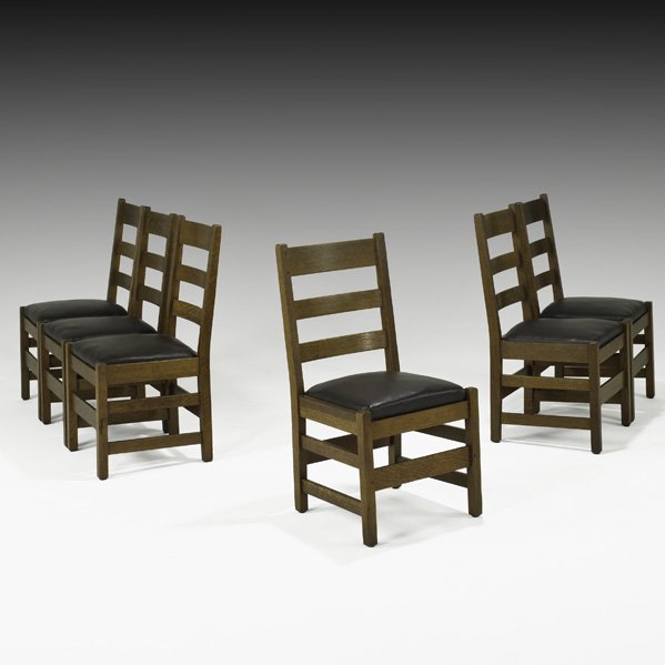 L. & J.G. STICKLEY 6 ladderback chairs: L. & J.G. STICKLEY Six ladderback sidechairs with drop-in spring seats, Fayetteville, NY, ca. 1907; "Handcraft" labels; 35" x 17" x 16 1/2"