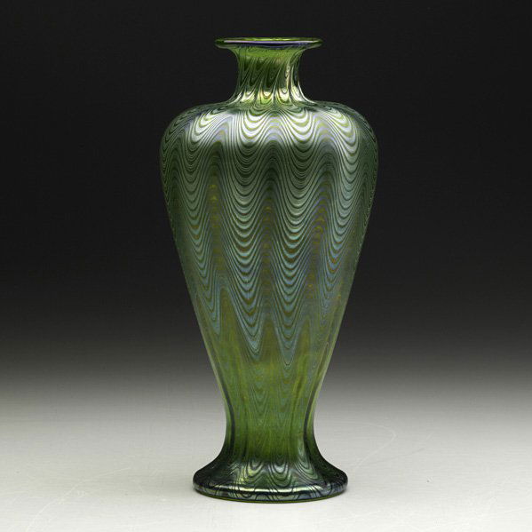 LOETZ Art glass vase: LOETZ Art glass vase with pulled feather decoration, Austria, ca. 1900; Signed Loetz Austria; 9" x 4 1/4" Provenance: From the collection of Gustav Hagedorn, founder of the Trenton Symphony