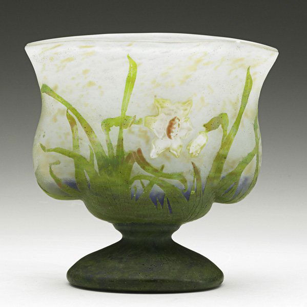 DAUM Padded cameo glass vase: DAUM Padded and wheel-carved cameo glass vase with paperwhites, Nancy, France, 1900s; Etched Daum Nancy; 6 1/2 "x 6 1/2"