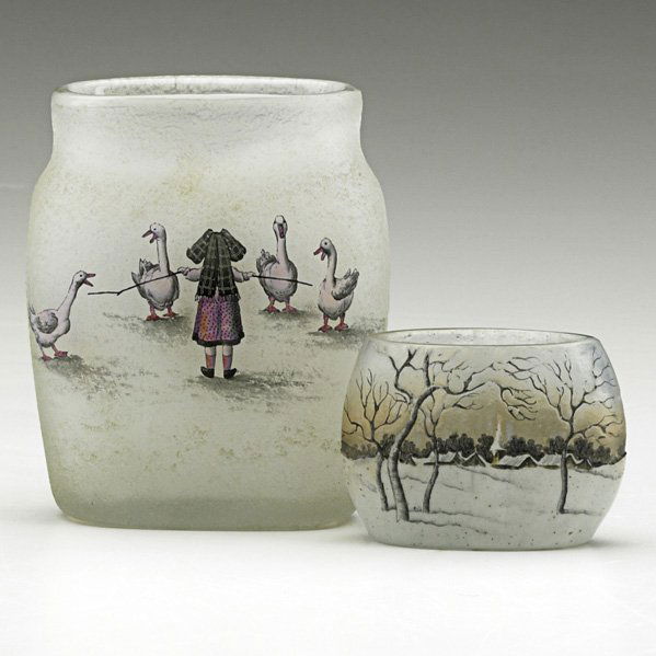 DAUM Two mini cameo glass vases: DAUM Two acid-etched and enameled mini glass vases, one with Dutch winter scene, Nancy, France, 1900s; Each signed Daum Nancy; 3 1/2" and 1 1/2"