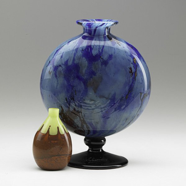 CHARLES SCHNEIDER Two vases: CHARLES SCHNEIDER VERRERIES SCHNEIDER Two cased glass vases, Epinay-Sur-Seine, France, ca. 1920s; Both with etched signature; 8" x 6", 3 1/4"