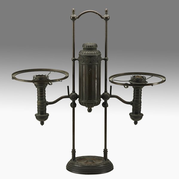 TIFFANY STUDIOS Double student lamp: TIFFANY STUDIOS Bronze student lamp base (no.129), New York, ca. 1900; Unsigned, stamped 10; As shown: 29 1/4" x 27 1/2"