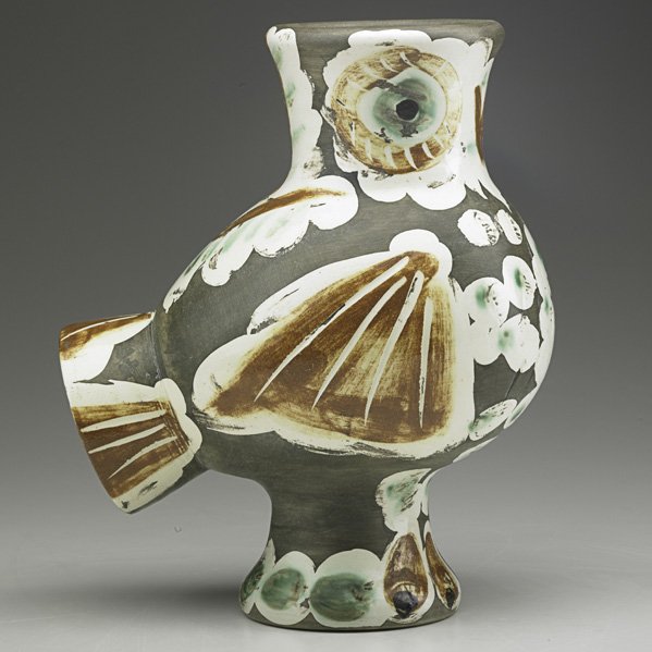 PABLO PICASSO; MADOURA Owl pitcher: PABLO PICASSO (1881-1973) MADOURA Glazed faience owl pitcher, France, 1950s; Incised EDITION PICASSO 173/500 MADOURA, two medallions; 10 3/4" x 9"