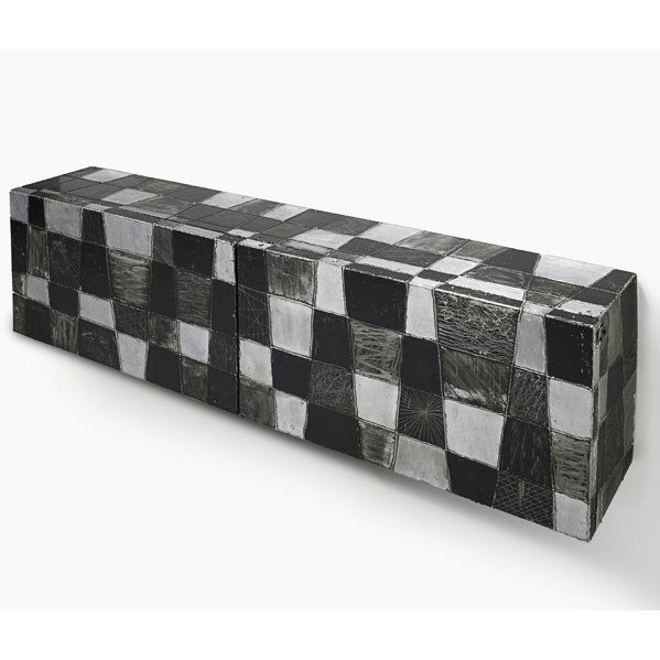 PAUL EVANS Argente wall-hanging cabinet: PAUL EVANS DIRECTIONAL Argente wall-hanging cabinet, USA, 1970s; Welded and dye-painted aluminum, laminate, polychromed wood; Unmarked; 18 1/2" x 72" x 14" Note: Finished underside