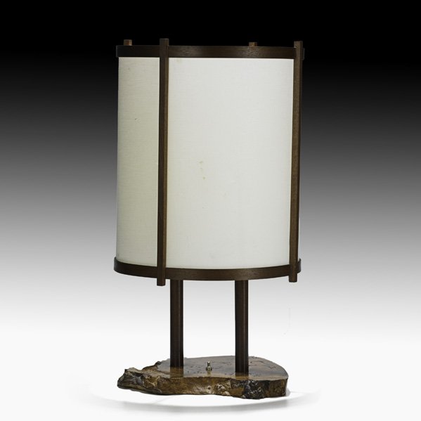 GEORGE NAKASHIMA Table lamp: GEORGE NAKASHIMA NAKASHIMA STUDIOS Table lamp, New Hope, PA, 1962; English oak burl, rosewood, walnut, linen; Signed with client's name and brass label; 28" x 16" dia. Provenance: Private Collection, 