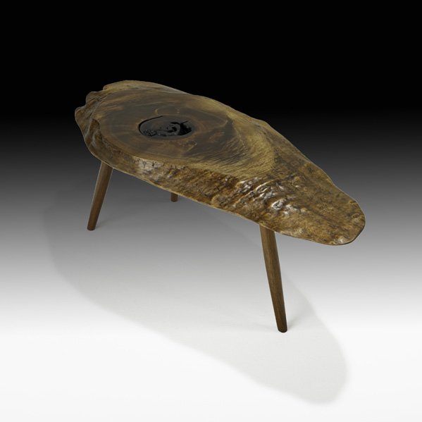 GEORGE NAKASHIMA Occasional table: GEORGE NAKASHIMA NAKASHIMA STUDIOS Occasional table, New Hope, PA; Figured walnut; Unsigned; 15 1/2" x 38" x 16 1/2" Provenance: authenticated by Mira Nakashima