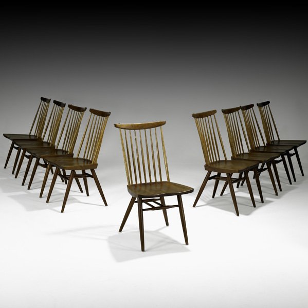 GEORGE NAKASHIMA Nine New sidechairs: GEORGE NAKASHIMA NAKASHIMA STUDIOS Set of nine New side chairs, New Hope, PA, 1957-1958; Black walnut, hickory; Signed with client's name, brass labels; 36 1/2" x 18 1/2" x 16 1/2" Provenance: Private