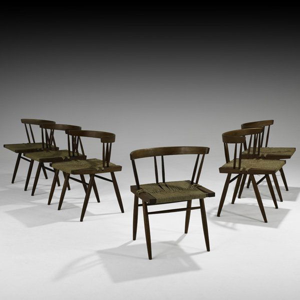 GEORGE NAKASHIMA Six Grass-Seated chairs: GEORGE NAKASHIMA NAKASHIMA STUDIOS Set of six Grass-Seated chairs, New Hope, PA, 1986; Walnut, woven seat cord; Three chairs signed and dated; 27" x 23" x 19 1/2"
