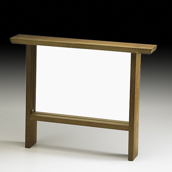 GEORGE NAKASHIMA Mirror frame: GEORGE NAKASHIMA NAKASHIMA STUDIOS Mirror frame, New Hope, PA, 1962; Walnut, mirrored glass; Brass label; 17 1/2" x 22 1/4" x 3 3/4" Provenance: Private Collection, Pennsylvania. Copy of original rece