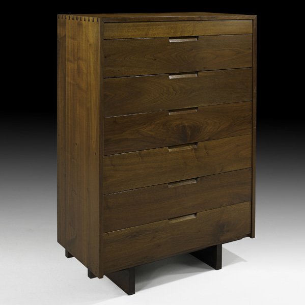 GEORGE NAKASHIMA Tall dresser: GEORGE NAKASHIMA NAKASHIMA STUDIOS Walnut dresser, New Hope, PA, 1962; Signed with client's name; 53" x 36" x 20" Provenance: Private Collection, Pennsylvania. Copy of original receipt available.