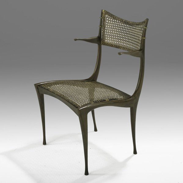 DAN JOHNSON Bronze Gazelle chair: DAN JOHNSON DAN JOHNSON STUDIO Gazelle chair (no. 20B), USA, 1950s; Bronze, enameled brass, cane; Unmarked; 32" x 19" x 21"