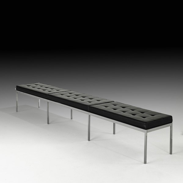FLORENCE KNOLL Long custom bench: FLORENCE KNOLL KNOLL ASSOCIATES Custom bench, USA, 1960s; Chromed steel, vinyl; Manufacturer's labels; 17" x 108 1/2" x 18" Note: an unusually long custom bench