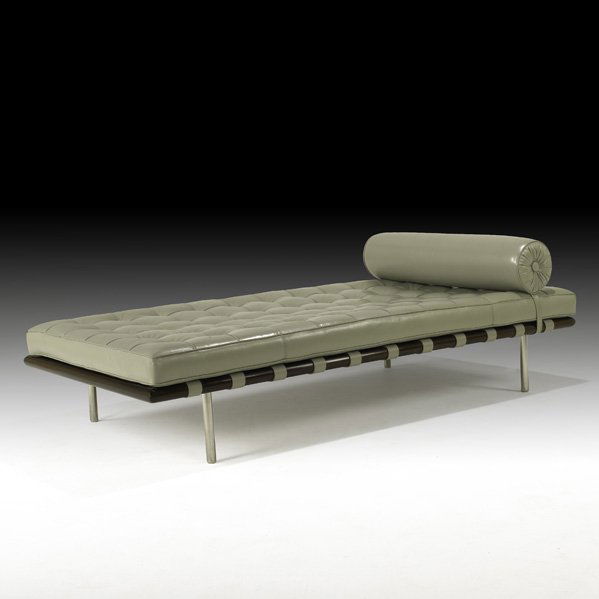 MIES VAN DER ROHE Barcelona daybed: LUDWIG MIES VAN DER ROHE KNOLL INTERNATIONAL Barcelona daybed, Germany, 1980s; Leather, walnut, stainless steel; Upholstery label; 24 1/2" x 78" x 39 1/2"