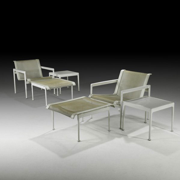 RICHARD SCHULTZ Lounge chairs, etc.: RICHARD SCHULTZ Pair of lounge chairs, ottomans, and low tables, USA, 1980s; Mesh, leather, painted metal, enameled steel; Unmarked; Chair: 26" x 26" x 28", ottoman: 14" x 23" x 27", table: 15 3/4" x