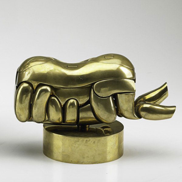 MIGUEL BERROCAL Romeo & Juliet sculpture: MIGUEL BERROCAL (1933-2006) Large puzzle sculpture, "Romeo & Juliet," Spain, 1966-67; Gold-plated brass, stainless steel; Stamped 660; 6 1/4" x 10" x 5"