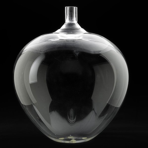 INGEBORG LUNDIN; ORREFORS Apple glass vase: INGEBORG LUNDIN ORREFORS Large clear glass "Apple" vase, Sweden, 1957; Signed Expo D32-57 ORREFORS Ingeborg Lundin; 15" x 12 1/2"