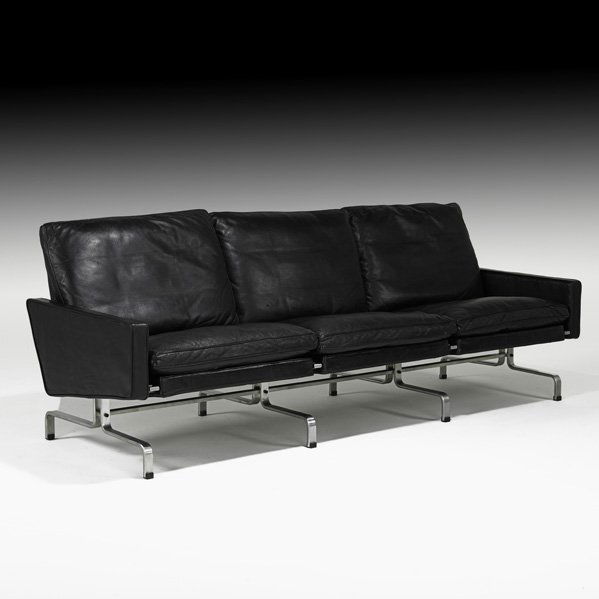 POUL KJAERHOLM Sofa PK 31-3: POUL KJAERHOLM E. KOLD CHRISTENSEN Sofa (PK 31-3), Denmark, 1950s; Leather, matte-chromed steel; Cipher mark; 29" x 80" x 30"