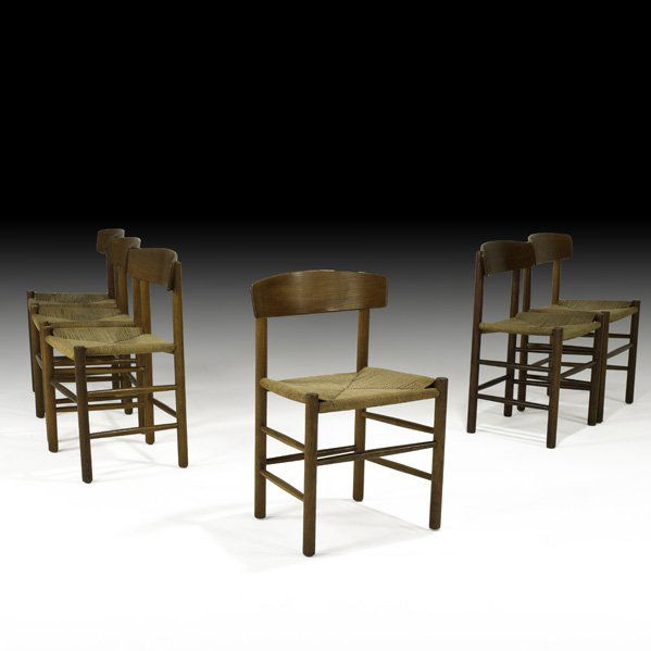 BORGE MOGENSEN Six Shaker chairs: BORGE MOGENSEN FDB MOBLER Set of six Shaker chairs (no. J39), Denmark, 1940s; Stained oak, woven rush; Unmarked; 30" x 19" x 17"
