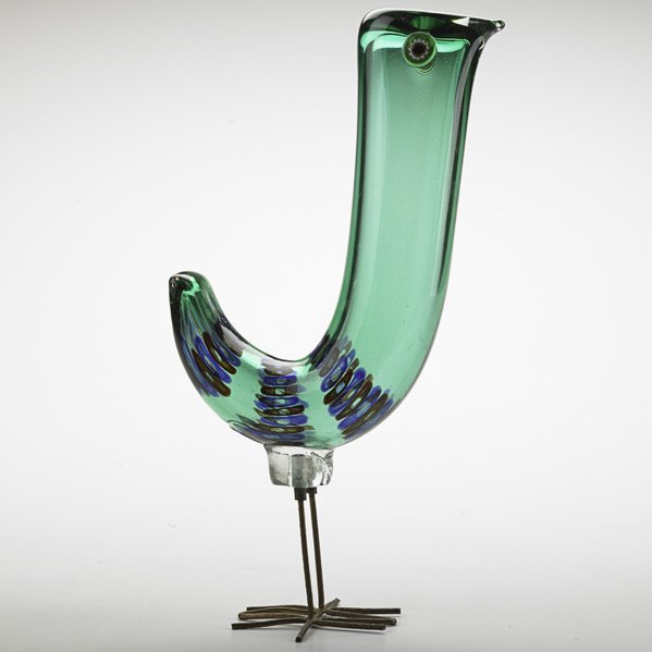 ALESSANDRO PIANON; VISTOSI Pulcini bird: ALESSANDRO PIANON VISTOSI Pulcini bird sculpture, Murano, Italy, 1960s; Glass, patinated copper; Foil label; 12" x 3 1/2" x 6 1/4"