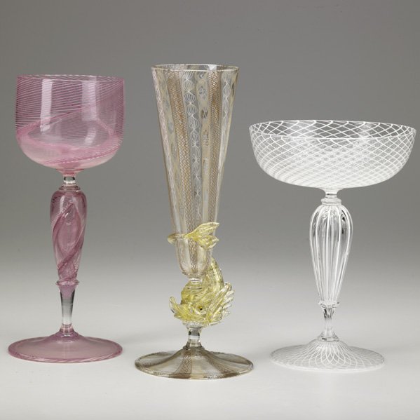 LINO TAGLIAPIETRA Three glass goblets: LINO TAGLIAPIETRA (b. 1934) Three glass goblets, ca. 1994-95; All signed and dated; 7", 8 1/4", and 9" Provenance: William Traver Gallery, Seattle and Savage Fine Art Gallery, Portland