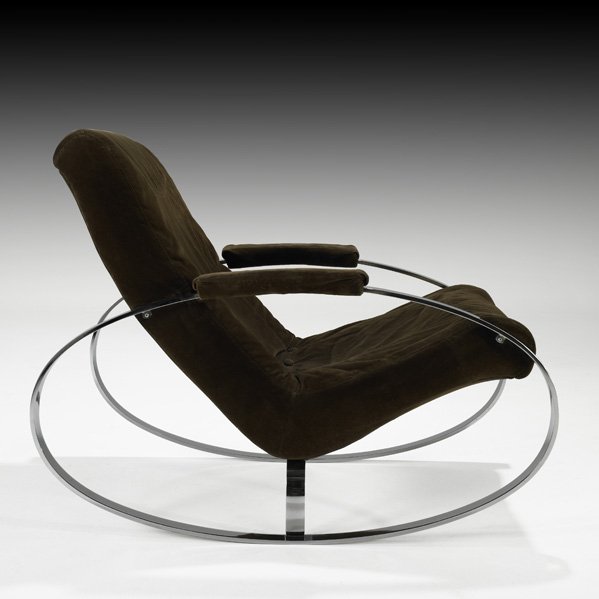 GUIDO FALESCHINI Rocking chair: GUIDO FALESCHINI MARIANI (Attr.) Rocking chair, Italy, 1980s; Chromed steel, upholstery; Unmarked; 31 1/2" x 25 1/2" x 40 1/2"