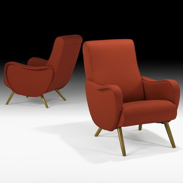 MARCO ZANUSO Pair of reclining lounge chairs: MARCO ZANUSO ARFLEX Pair of reclining lounge chairs, Italy, 1950s; Canvas, birch; Unmarked; 35 1/2" x 27 1/2" x 37", reclined: 21" x 37" x 49"
