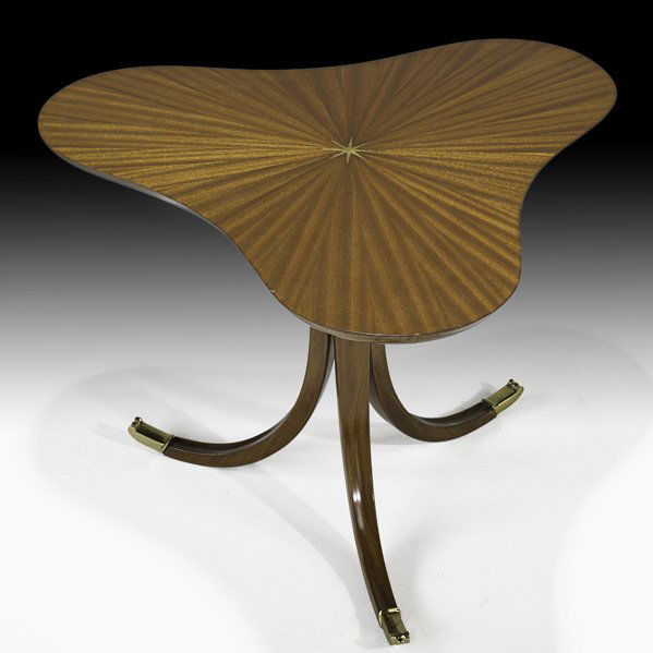 PAOLO BUFFA Mahogany table: PAOLO BUFFA Fine occasional table, Italy, 1950s; Mahogany, brass; Unmarked; 17" x 23 1/2" dia. Provenance: Donzella Gallery, New York