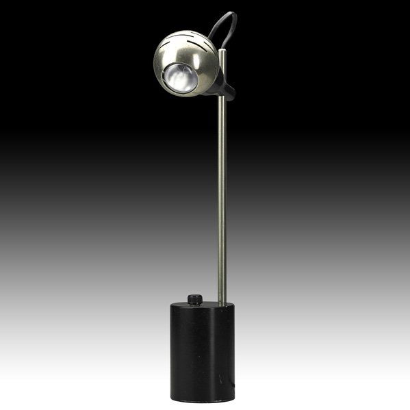 ANGELO LELLI Contrast table lamp: ANGELO LELLI ARREDOLUCE Contrast table lamp, Italy, 1960s; Matte-chromed steel, enameled steel, plastic; Unmarked; 17" x 3 1/2" x 2 3/4"