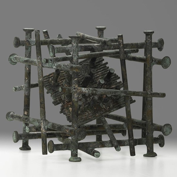 KLAUS IHLENFELD Sculpture: KLAUS IHLENFELD Oxidized bronze sculpture, "Solar Cube," Berks County, PA, ca. 2011; Stamped KI; 6" x 6 1/2" x 6" Provenance: The artist