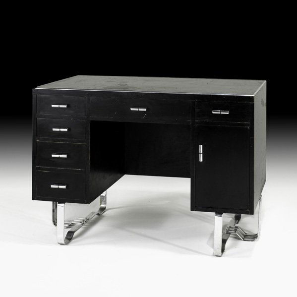 WOLFGANG HOFFMANN Desk: WOLFGANG HOFFMANN HOWELL Desk, USA, 1930s; Ebonized wood, chromed steel, Bakelite; Unmarked; 31" x 44" x 25"