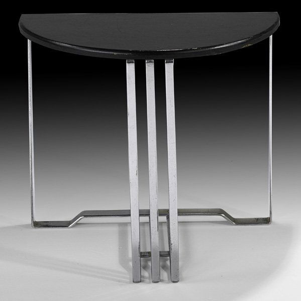 WOLFGANG HOFFMANN Table: WOLFGANG HOFFMANN HOWELL Demi-lune table, USA, 1930s; Chromed steel, lacquered wood, unmarked; 22" x 26" x 13"
