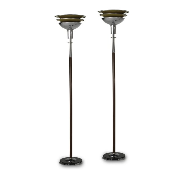 GILBERT ROHDE Pair of floor lamps: GILBERT ROHDE MUTUAL SUNSET LIGHTING CORP Pair of torcheres (no 3489), USA, 1940s; Enameled steel and aluminum, chromed steel; Raised signature to underside of base; 68" x 14 1/4"