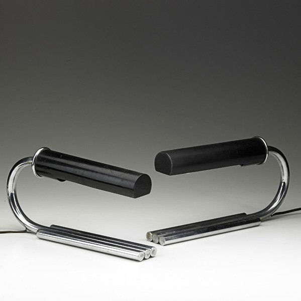 GILBERT ROHDE Pair of desk lamps: GILBERT ROHDE MUTUAL SUNSET LIGHTING CO Pair of desk lamps, USA, 1930s; Chromed and painted brass; Unmarked; 6 3/4" x 14" x 2 1/4"