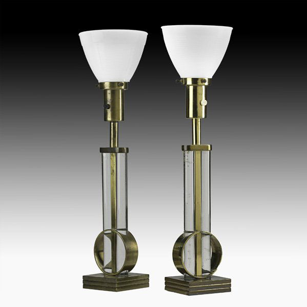GILBERT ROHDE Two table lamps: GILBERT ROHDE MUTUAL SUNSET LIGHTING CO Two table lamps, USA, 1940s; Brass, glass rods, milk glass; Marked MSLC 4660; To milk glass shade: 22" x 4" sq.