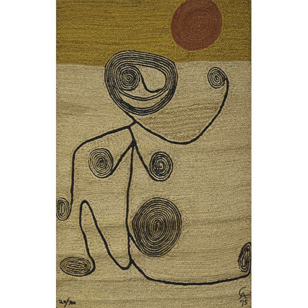 AFTER ALEXANDER CALDER Tapestry: AFTER ALEXANDER CALDER (1898-1976) BON ART Jute fiber tapestry of a lady with swirls, Nicaragua, 1974; Embroidered CA 74, cloth label; edition 20/100; Certificate of Authenticity; 84" x 56"