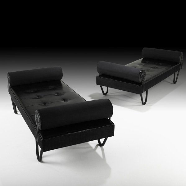 JACQUES ADNET Pair of daybeds: JACQUES ADNET Pair of daybeds, France, 1950s; Stitched leather, suede, steel; Unmarked; 24 1/2" x 75" x 32"