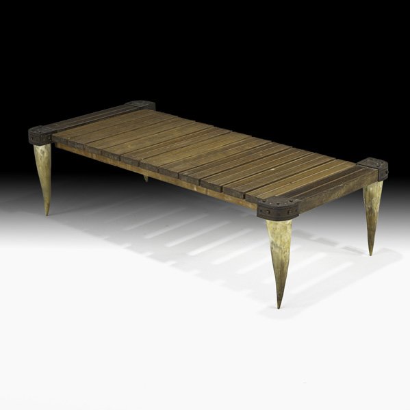 JACQUES ADNET Mahogany coffee table: JACQUES ADNET Coffee table, France, 1940s; Mahogany, iron, horn; Unmarked; 12" x 44" x 20 1/2"