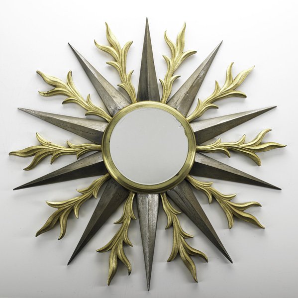 GILBERT POILLERAT Sunburst wall mirror: GILBERT POILLERAT Wall mirror, France, 1940s; Gilt iron, iron, mirrored glass; Unmarked; 20" dia. x 1"