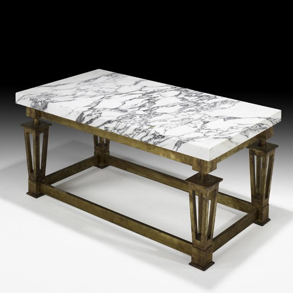 GILBERT POILLERAT Gilt iron & marble coffee table: GILBERT POILLERAT Coffee table, France, 1940s; Gilt iron, marble; Unmarked; 20 1/2" x 43" x 23"