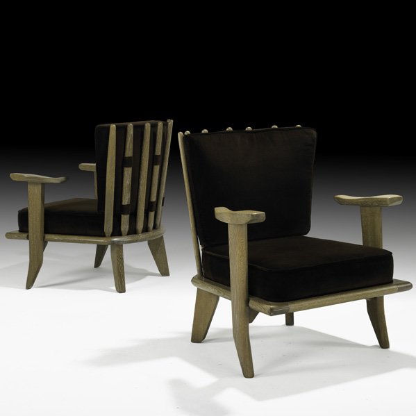 ROBERT GUILLERME Pair of lounge chairs: ROBERT GUILLERME JACQUES CHAMBRON VOTRE MAISON Pair of lounge chairs, France, 1950s; Limed oak, velvet; Unmarked; 32" x 28" x 29"