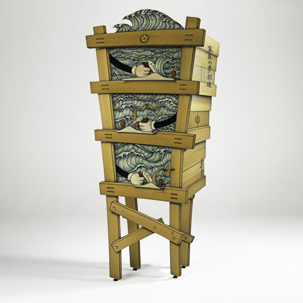 JOHN CEDERQUIST Wave Series Cabinet: JOHN CEDERQUIST Wave series three-drawer cabinet, California, ca. 1990; Birch, spruce, maple, resin; Provenance: Franklin Parrasch Gallery, New York; Signed; 86" x 42" x 15"