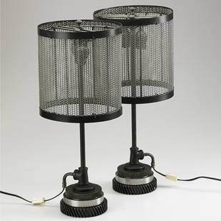 JASON WEIN Pair of table lamps: JASON WEIN CLEVELAND ART Pair of table lamps, Fostoria, OH, 2000s; Steel mesh, enameled metal pipe, steel, brass, two sockets; Stamped DR GART; 21 1/2" x 9"