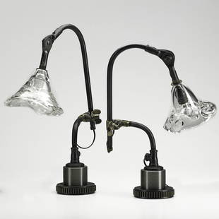 JASON WEIN Pair of desk lamps: JASON WEIN CLEVELAND ART Pair of adjustable desk lamps, Fostoria, OH, 2000s; Molten glass, enameled metal pipe, steel, brass, single socket; Shades signed JW, lamps stamped MADE IN USA FOSTORIA OHIO;