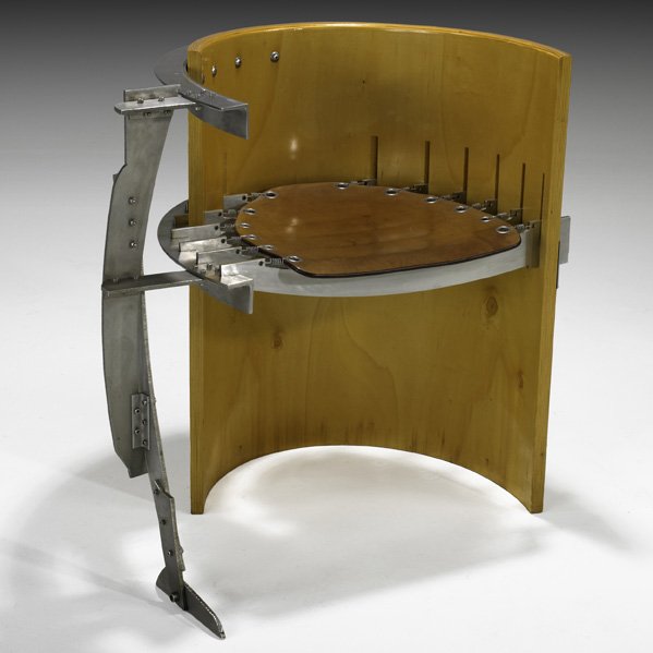 STYLE OF MORPHOSIS Steel and birch armchair: STYLE OF MORPHOSIS Armchair, USA, 1980s; Birch, brushed steel, saddle leather; Unmarked; 30" x 31 1/2" x 23"
