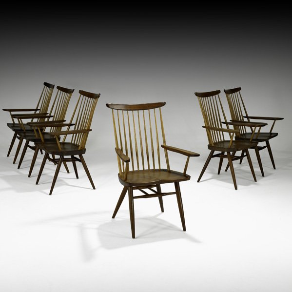 GEORGE NAKASHIMA Six New armchairs: GEORGE NAKASHIMA NAKASHIMA STUDIOS Set of six New armchairs, New Hope, PA, 1963; Black walnut, hickory; Signed with client's name, brass labels; 39" x 25" x 24" Provenance: Private Collection, Pennsyl