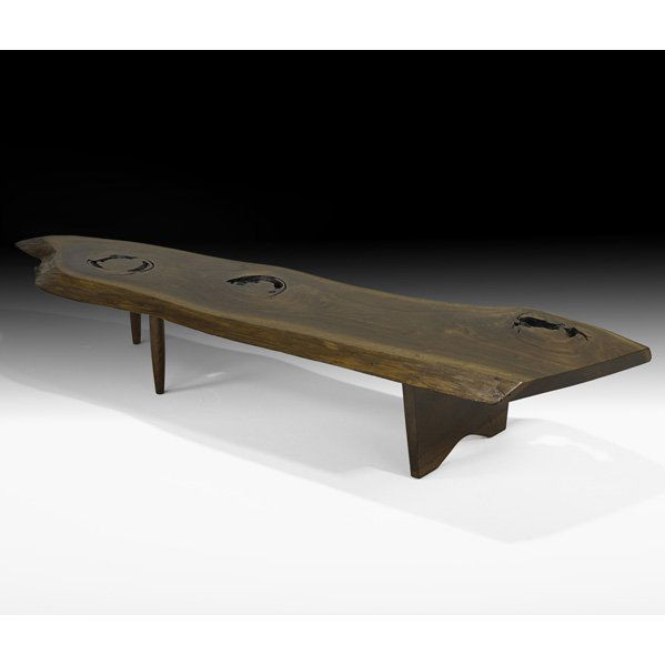GEORGE NAKASHIMA "R" Bench: GEORGE NAKASHIMA NAKASHIMA STUDIOS "R" bench/coffee table, New Hope, PA, 1959-1960; Black walnut; Unmarked; 12 1/2" x 88" x 25 3/4" Provenance: Copies of original order card and receipt.